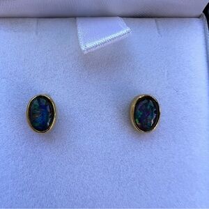 Bezel-style Triplet Opal Earrings with green/blues Gold-Plated Sterling Silver